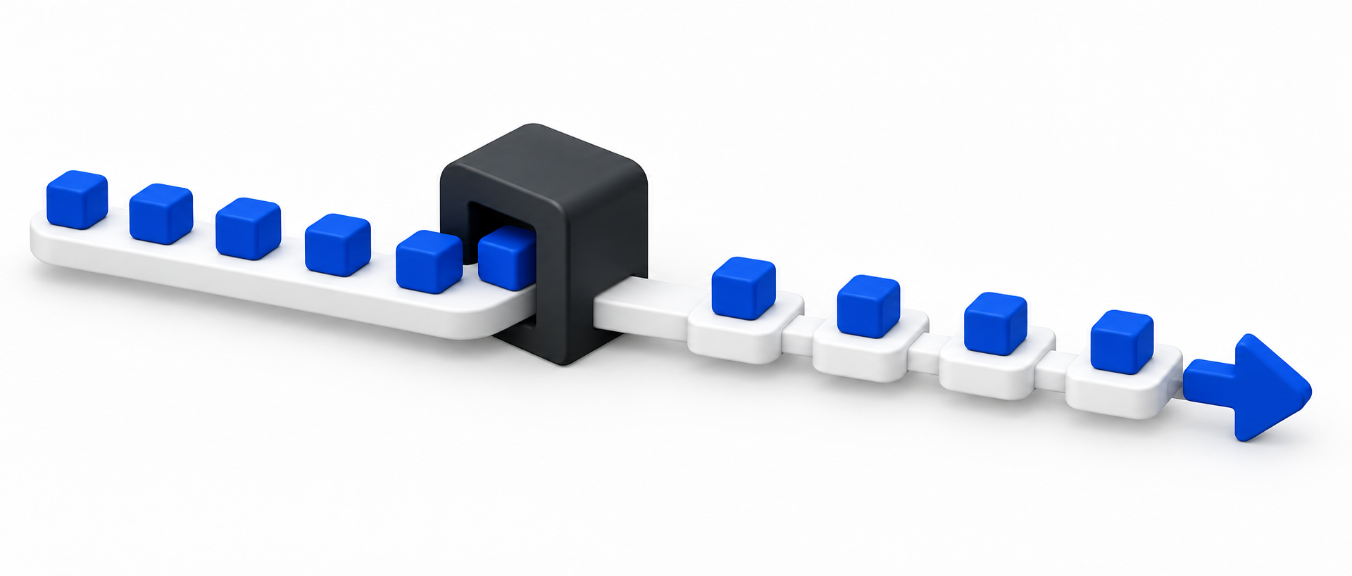 A business workflow moving through a bottleneck into an organized improvement path.